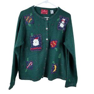 VTG 80s Holiday Lodge by NorthCrest Christmas Patchwork Cardigan Green L Retro